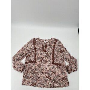 J. Jill V-Neck Boho Floral Stretch Long Sleeve Tunic Muted Pink Women Size Large